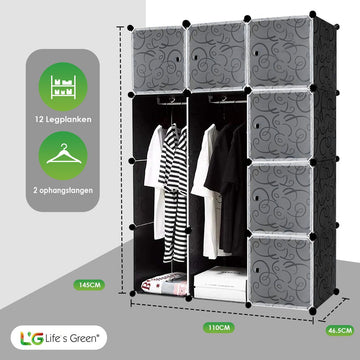 Life's Green® XL Garderobekast - Kledingkast - Opbergkast - Zwart / Wit