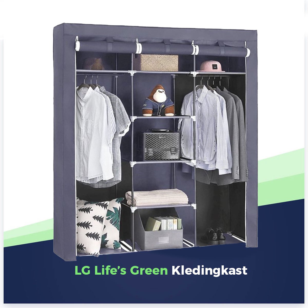 LG Life's Green Opvouwbare Kleerkast – 150x45x175CM – Kledingrek met 9 opslag planken en 2 ophangstangen – Stoffen Kledingkast – 200KG Draagvermogen – Grijs