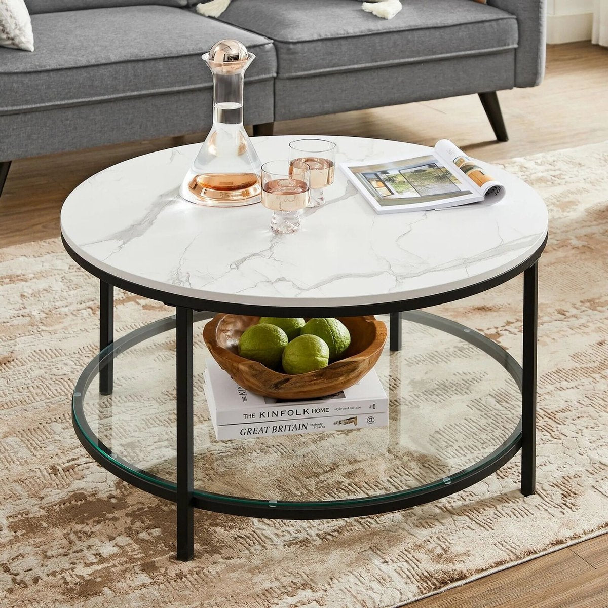 Salontafel woonkamertafel banktafel voor woonkamer met glasplaat veel opbergruimte eenvoudige montage moderne stijl witte marmerlook Zwart frame 80 x 44.5 cm