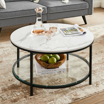 Salontafel woonkamertafel banktafel voor woonkamer met glasplaat veel opbergruimte eenvoudige montage moderne stijl witte marmerlook Zwart frame 80 x 44.5 cm