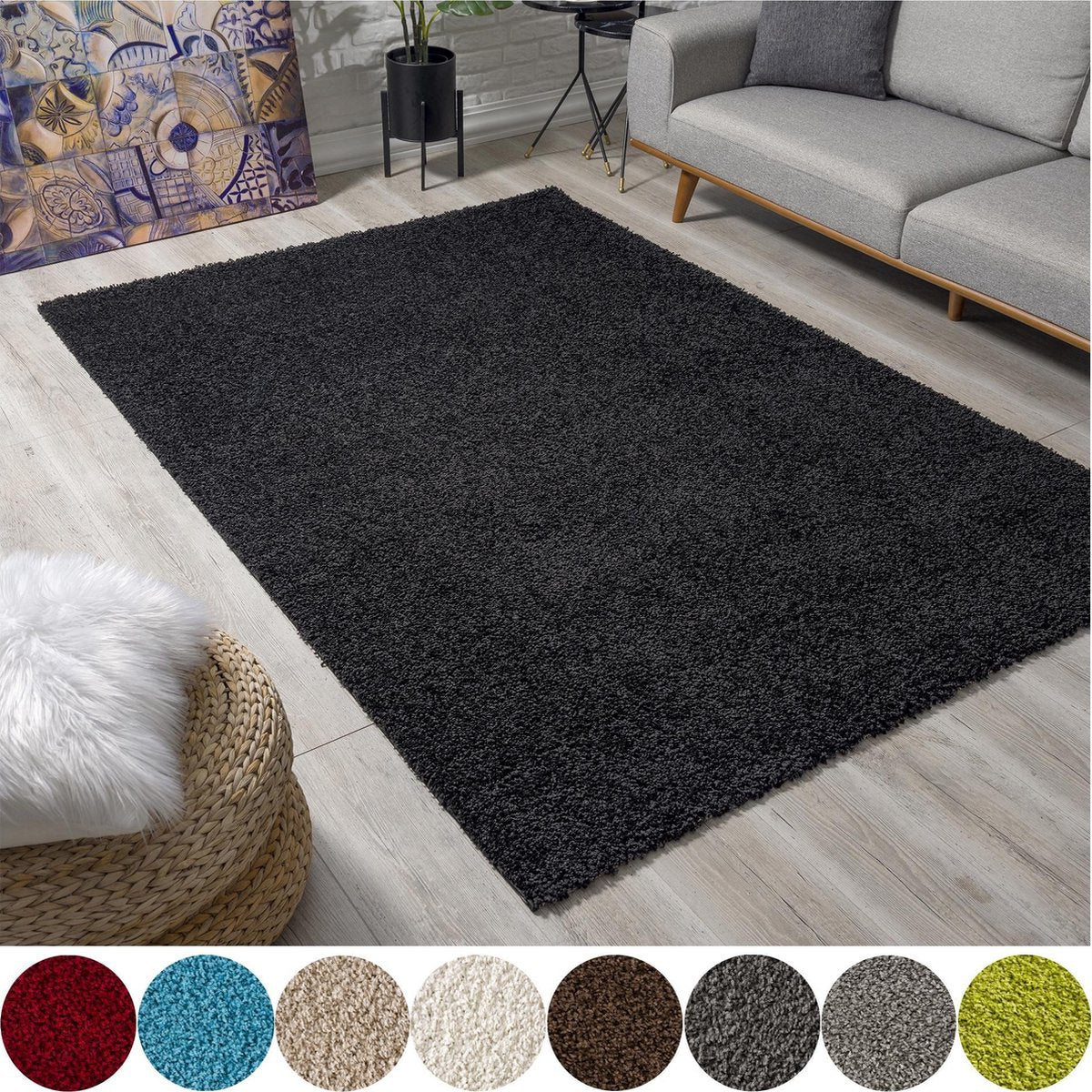 Loca Shaggy Vloerkleed Zwart - 140x200 CM - Vloerkleed Hoogpolig - Tapijt Woonkamer, Slaapkamer