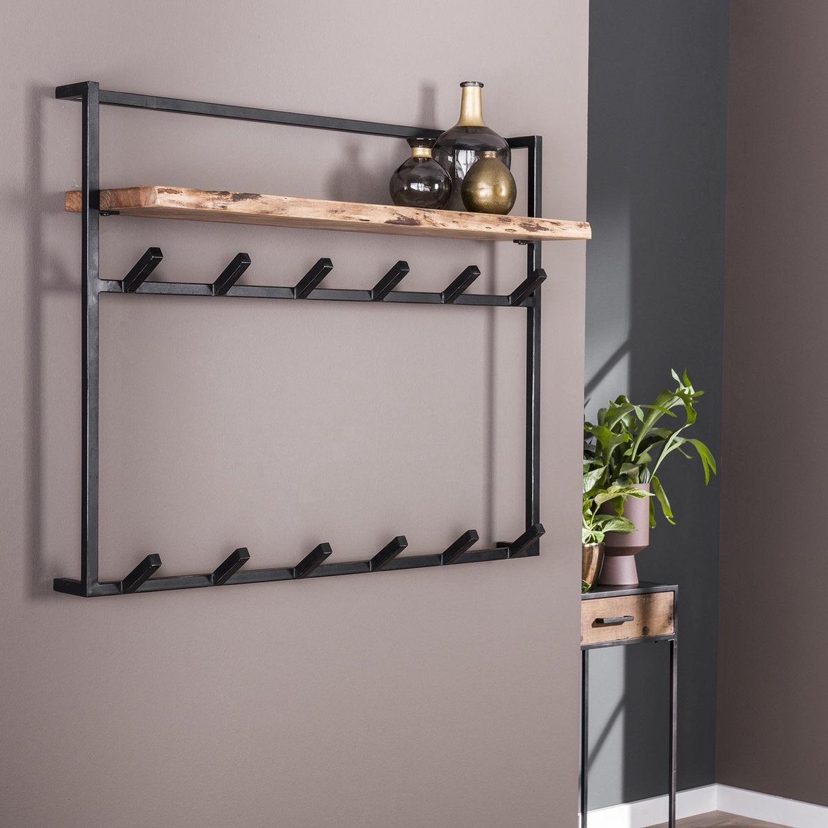Wandkapstok Air solid | 12 haken | 100 x 30 x 80 cm | kapstok met hoedenplank | massief naturel acaciahout met zwart matelen frame | landelijk / industrieel