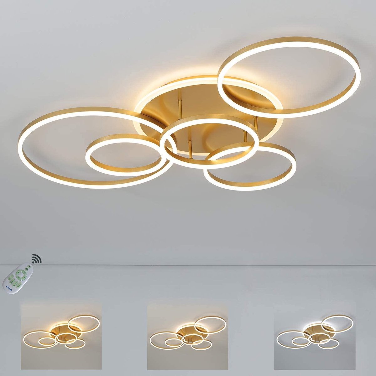Led Plafondlamp Dimbaar met Afstandsbediening - 6 Ringen - 108 Watt - 3300 lumen - Energieklasse A ++ - Design - Goud - Wit - Plafonniere - Modern - led lamp - Woonkamer - Kamer - Eetkamer - Eettafel - Keuken - Slaapkamer - Cafe - Restaurant -Horeca