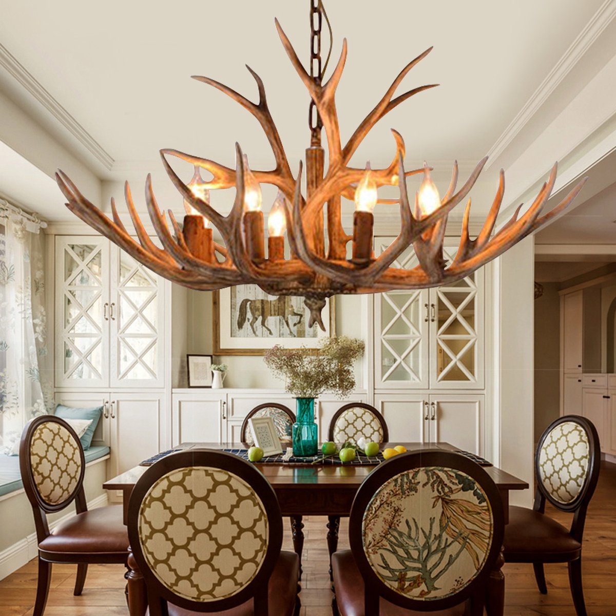 Houten Chandelier - 6 Arm Hout Kroonluchter - Herten Hoorn Stijl - 75 cm - Hanglamp - Woonkamerlamp - Moderne lamp