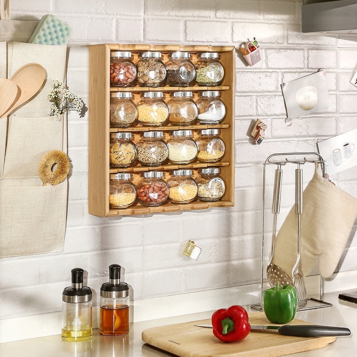 Decopatent® Kruidenrekje ophangbaar - Kruidenrek inclusief 16 kruidenpotjes - Bamboe Hout - 4 laags