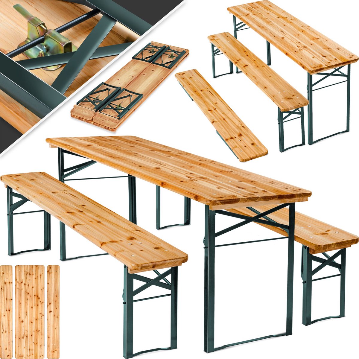 tectake® - Biertafel met 2 banken - 3-delig - Stalen frames met dennenhout - Opvouwbaar - Lengte 177cm