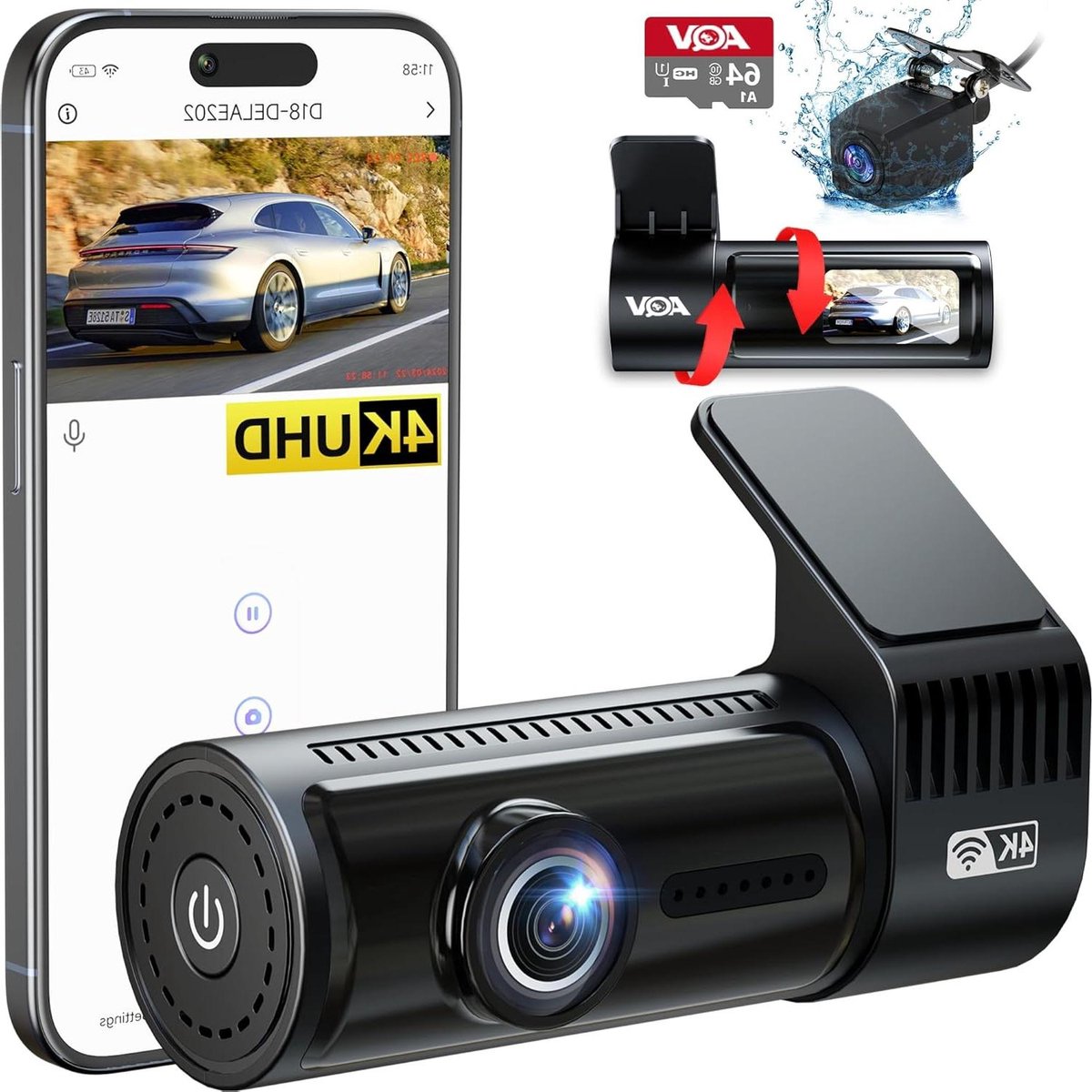 4K wifi dashcam voor de auto achter + 64 GB SD-kaart - loopopname G-sensor - app-bediening - super nachtzicht - 170 graden + 140 graden groothoek - parkeerbewaking - veiligere rijervaring Dashcam voor auto