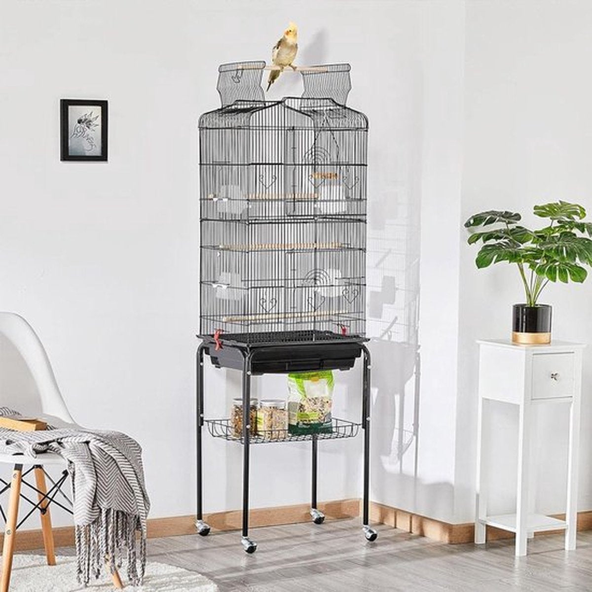 Luxe Papegaaienkooi - Parkietenkooi - Grote Vogelkooi - voor Binnen - op Wieltjes - Inclusief Speelgoed - Met Badhuis - 46x36x160cm - Zwart - Staal