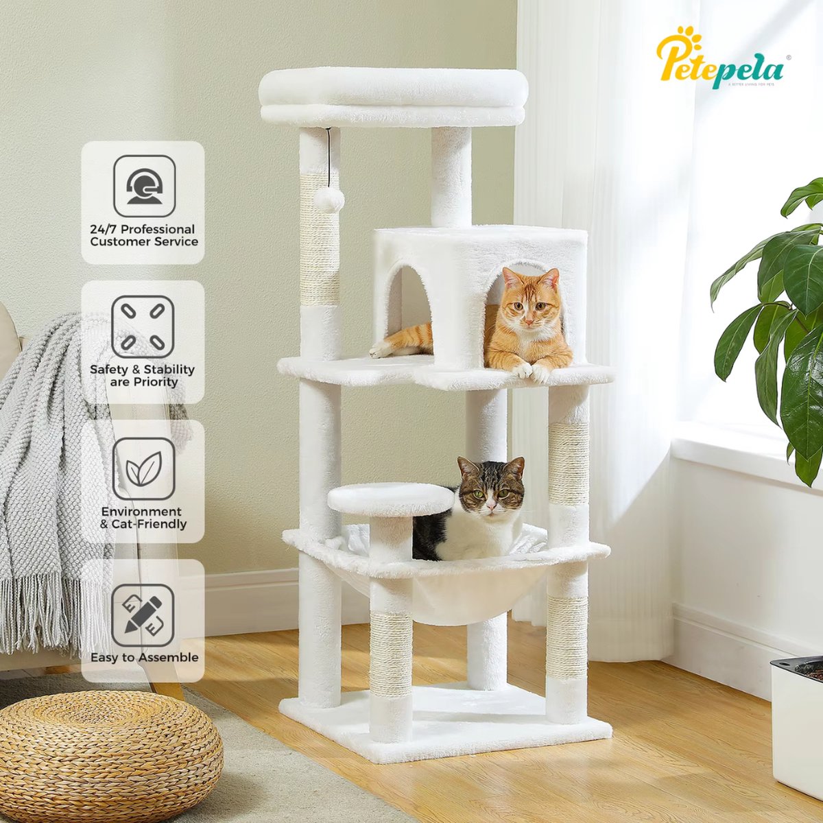 Luxe Kattenboom - Krabpaal voor Katten - Kattenhuis - Kattenmeubel - Katten Toren - Wit - 41x45x116cm