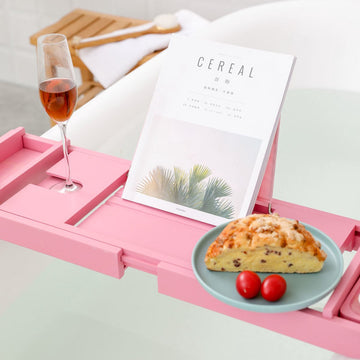 Decopatent® Badplank - Uitschuifbaar 75 -> 110 Cm - Verstelbaar Bamboe Badrekje voor in bad - Boekenhouder - Tablethouder - Rose