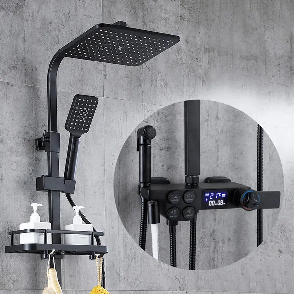 Compleet Douchesysteem | ABS Doucheset | Mat Zwarte Hoofddouche en Handdouche | Vierkante Regendouche voor Badkamer | Verstelbaar | Temperatuur Display | 360° Draaibaar