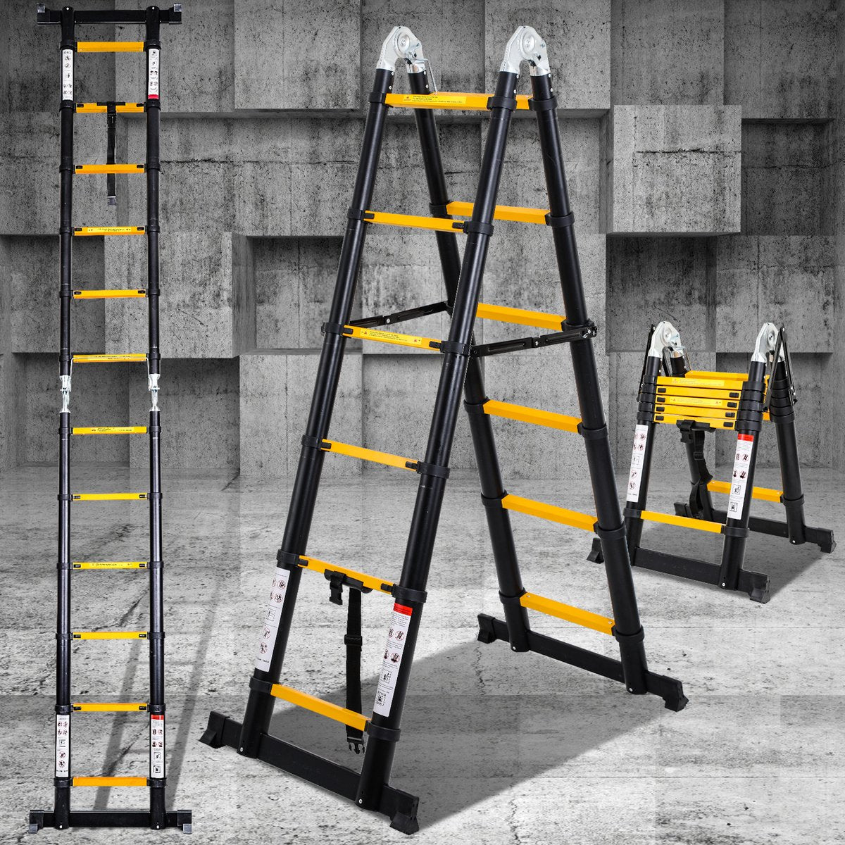 Telescopische Vouwladder Telescopische Ladders Werkhoogte 1,9+1,9 m - Geelachtig zwart met stabilisator