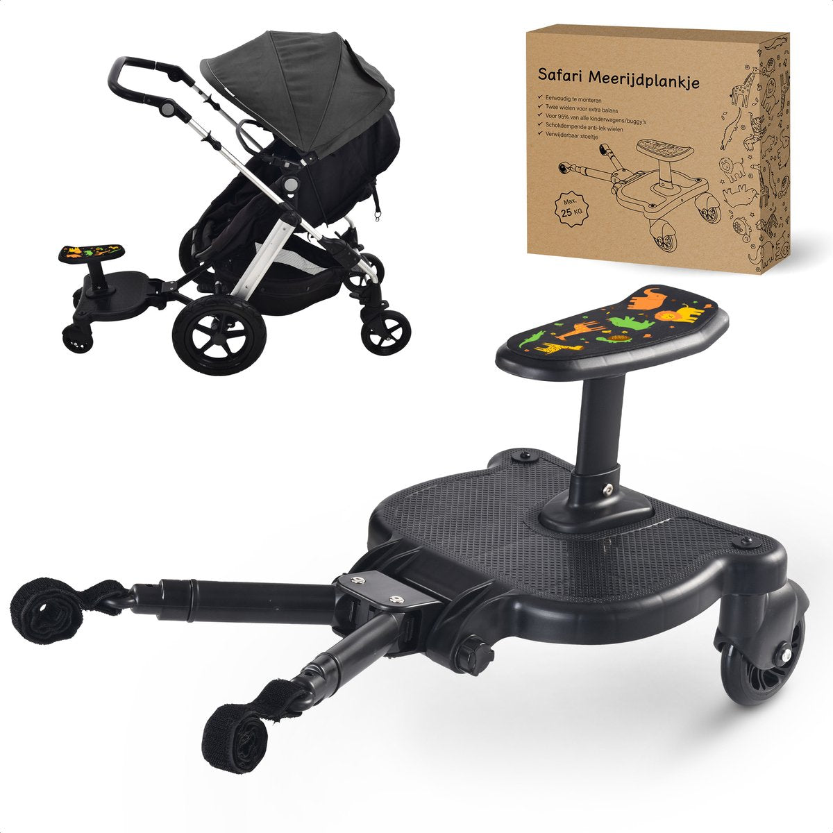 Safari Meerijdplankje Universeel - Tweewieler - Meerijdplankje met Zitje - Meerijd Plankje voor Kinderwagen - Buggy Board
