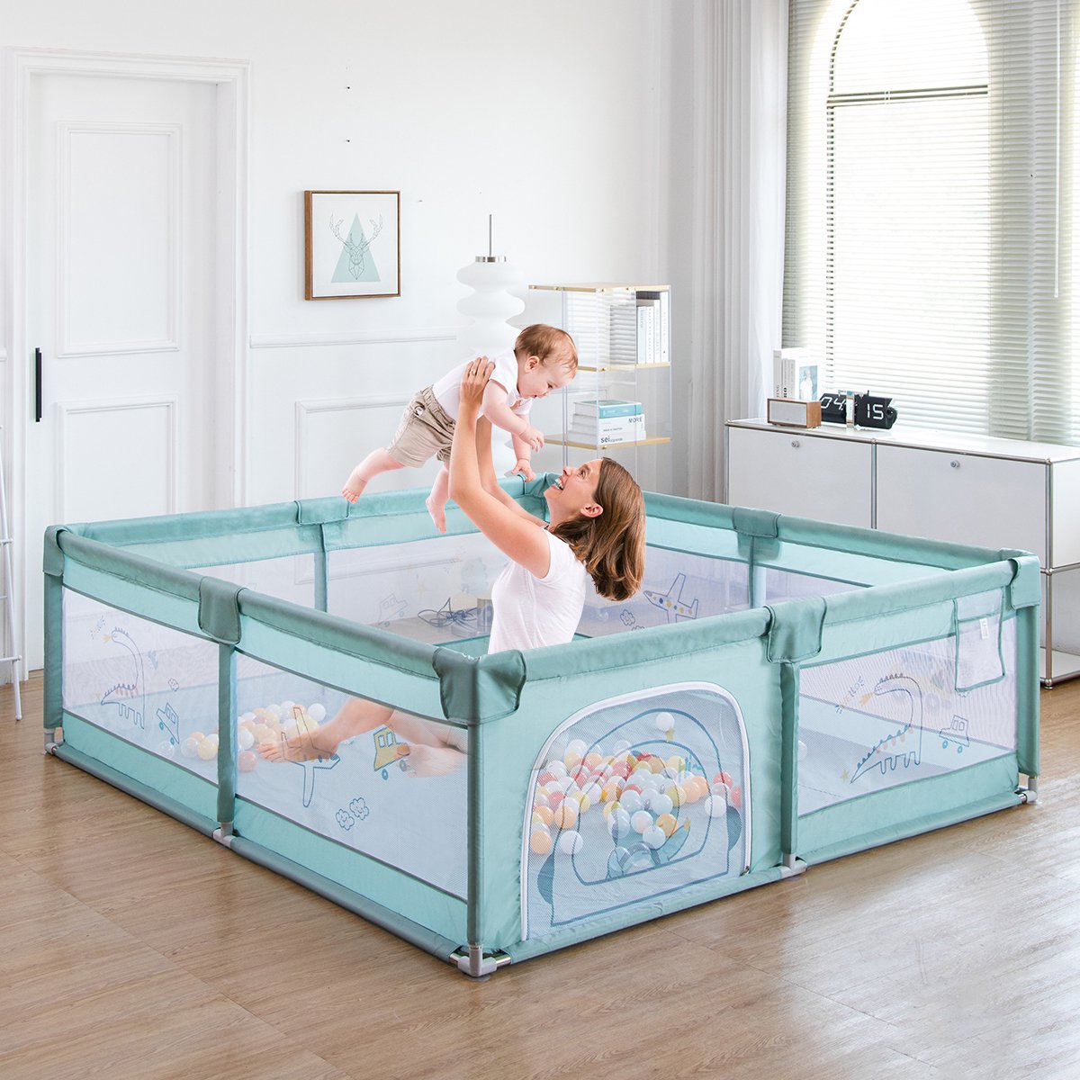 Babybox - Afsluitrooster met ademend Net - Kinder Activiteitencentrum binnen - Kruipbox voor Baby - met Ritssluiting - 180 x 200 x 65cm - Groen