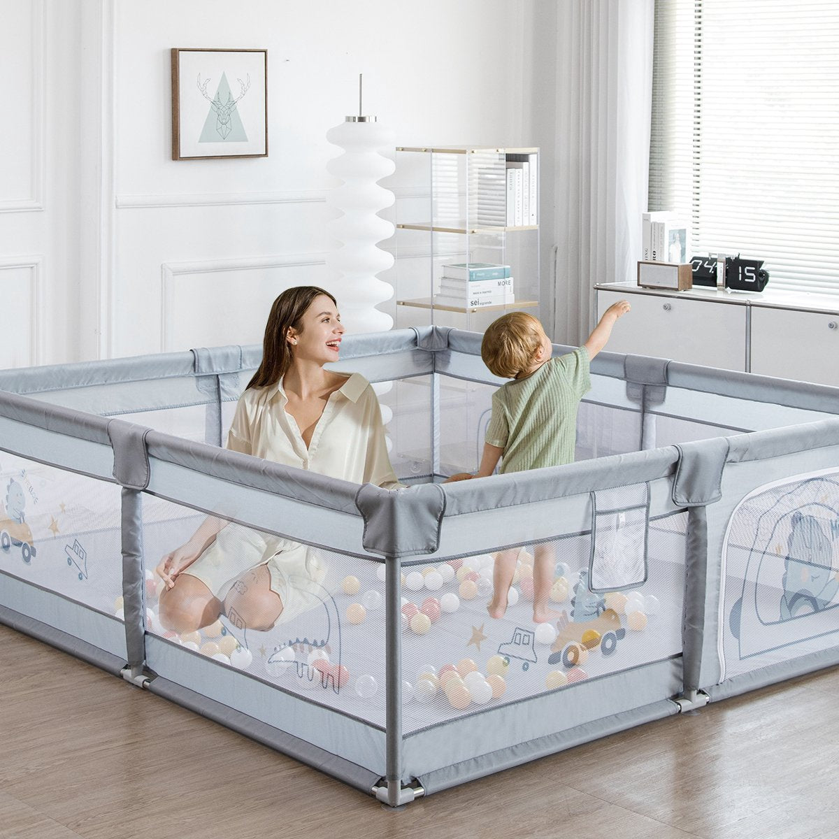 Babybox - Afsluitrooster met ademend Net - Kinder Activiteitencentrum binnen - Kruipbox voor Baby - met Ritssluiting - 200 x 180 x 65cm - Grijs