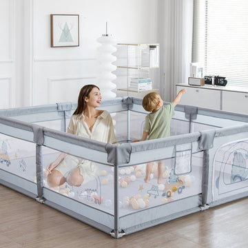 Babybox - Afsluitrooster met ademend Net - Kinder Activiteitencentrum binnen - Kruipbox voor Baby - met Ritssluiting - 200 x 180 x 65cm - Grijs