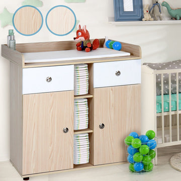 Infantastic - Babycommode met 2 grote lades en 5 vakken - Ladekast met Opbergrumte - Veelzijdig Omkleedmeubel met Organiser - 90x69x92 cm (LxBxH) - Beuken-Fineer