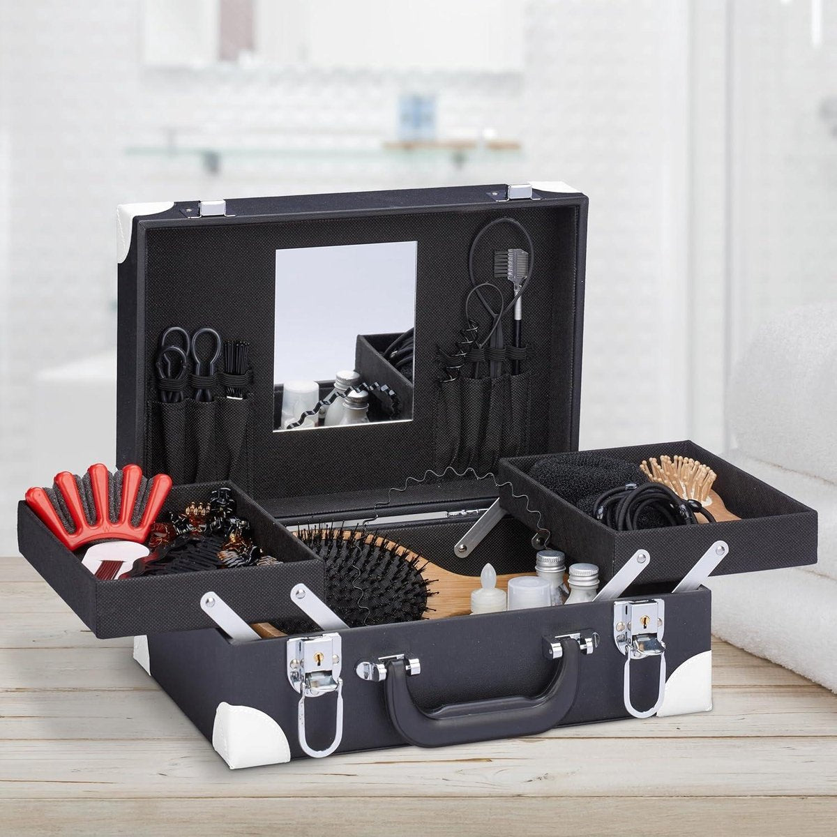 Make-up koffer - Nagellak schminkkoffer met spiegel - HBD 125 x 31 x 23 cm - Slot zwart/wit Nagellak koffer