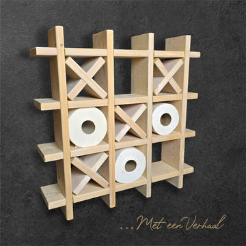 Toiletrolhouder, wc-rol houder van reclaimed wood, duurzaam, handgemaakt, boter kaas en eieren, tic-tac-toe