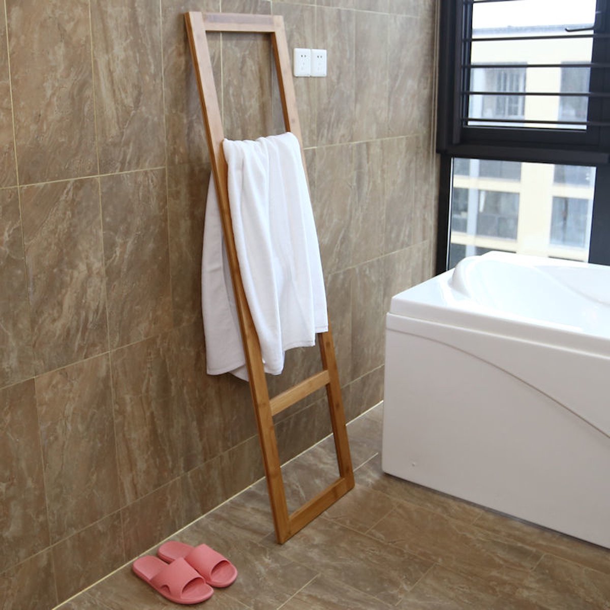 Staande Bamboe handdoeken Ladder Rek - badkamer handdoekhouder voor tegen de muur - handdoekladder - handdoekrek