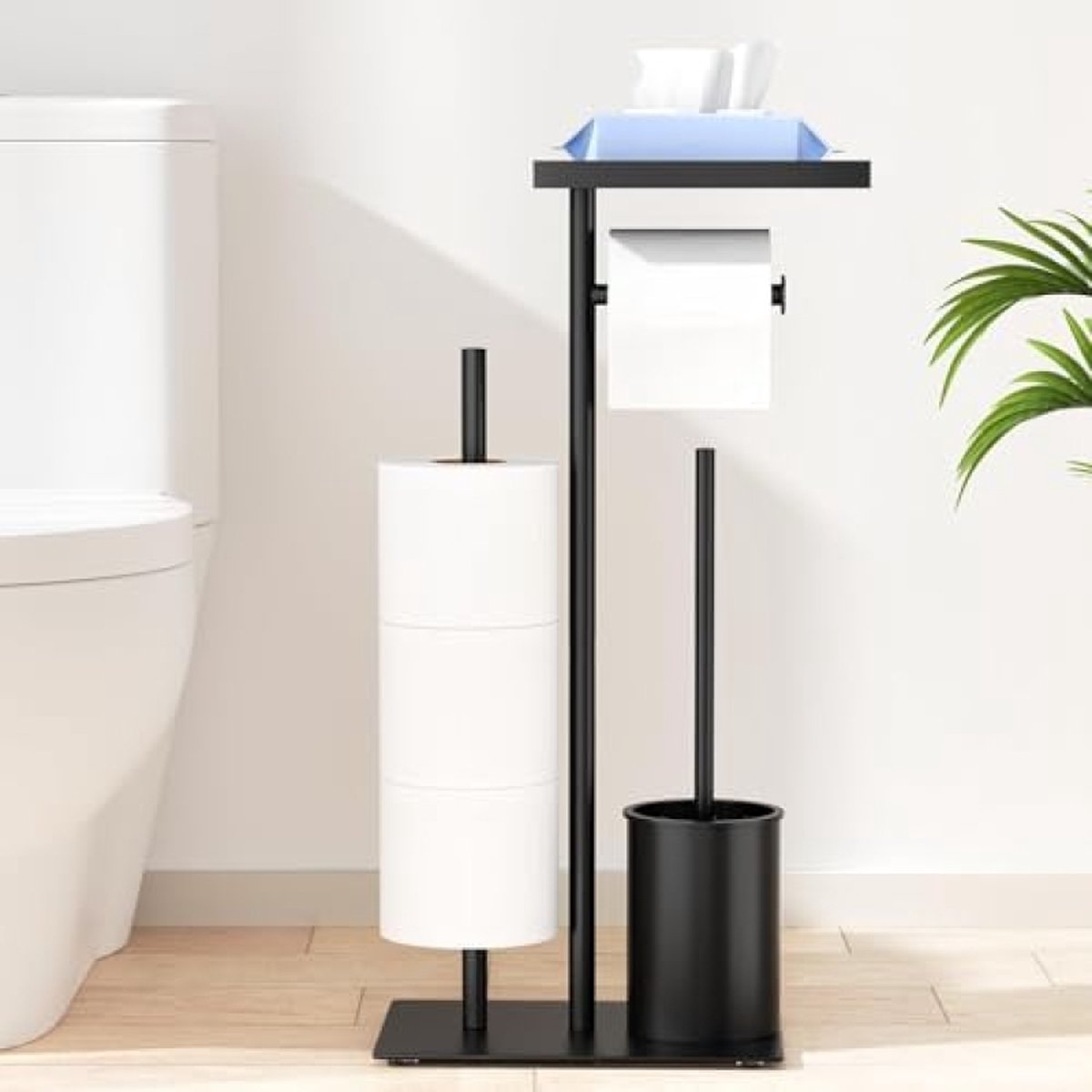 Roestvrijstalen toiletpapierhouder, staand met wc-borstel, toiletpapierhouder met vochtige doekjesbox, toiletpapierhouder met wc-borstel, wc-garnituur met toiletpapierhouder, staand en toiletborstel