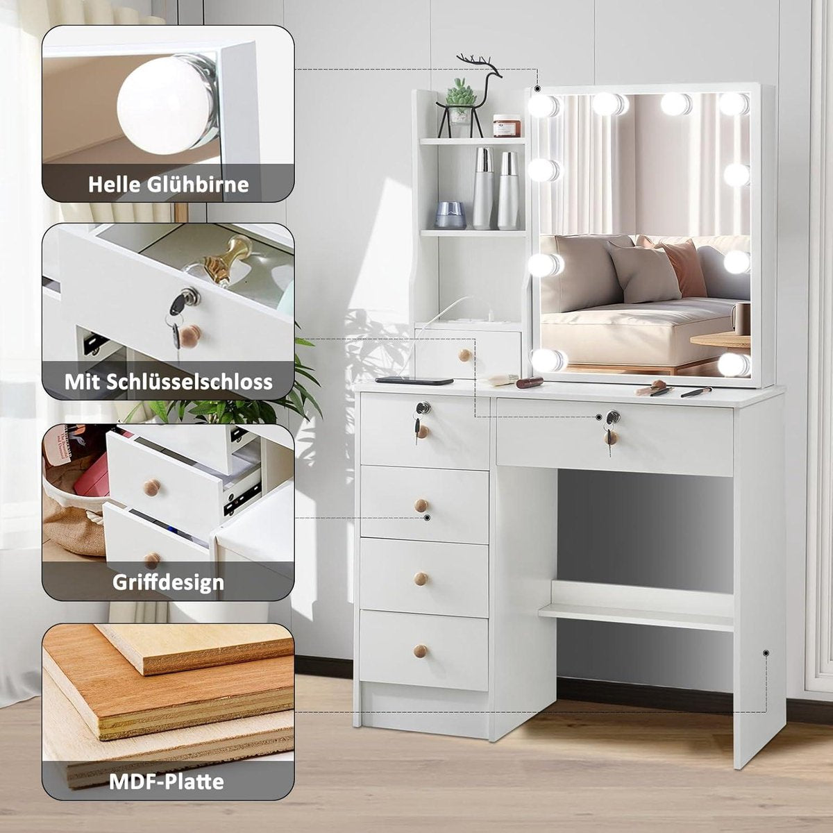 Make-uptafel met verlichting en kruk - verstelbare lichtkleur - kaptafel met 6 schuifladen - opbergvakken voor slaapkamer - 80 x 36 x 130 cm make up tafel