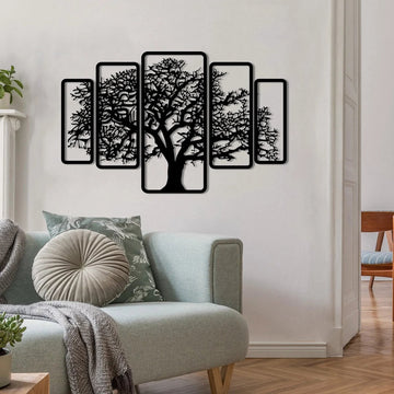 5 stucks Levensboom modern deco muurdecoratie - Wanddecoratie - Zwart - Houten art - Muurdecoratie - Line art - Wall art - Bohemian - Wandborden - Woonkamer - 105x67 cm - kerst - kerstcadeau - wandecoratie woonkamer - kerstgeschenk