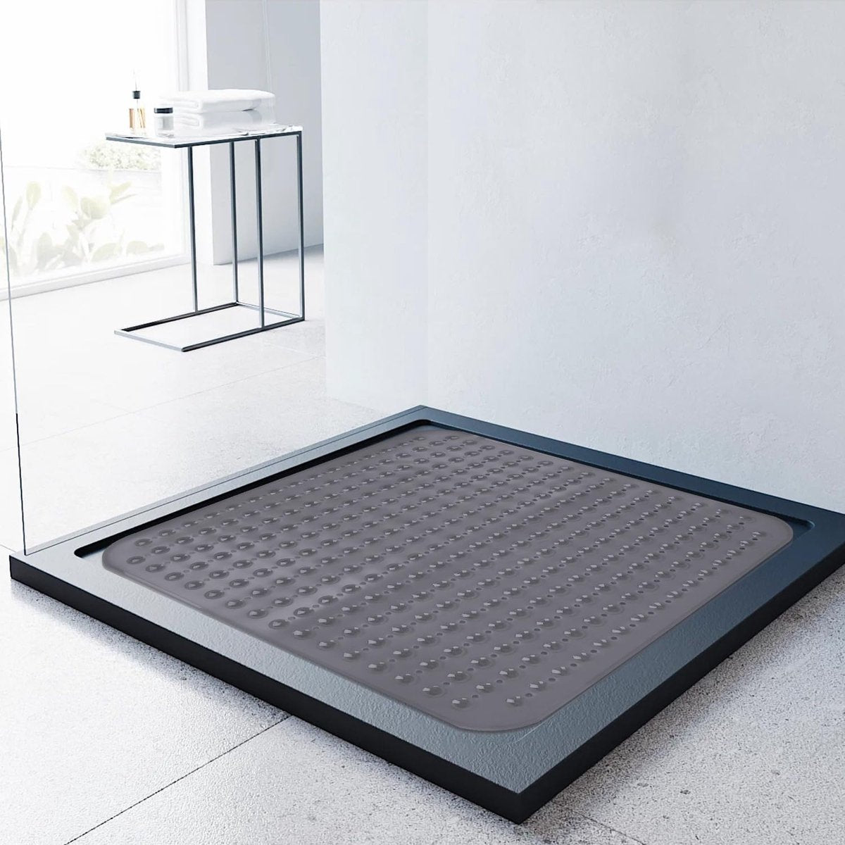 Antislip douchemat, 80 x 80 cm, douchemat, antislipmat met zuignappen voor douche of badkuip, grote vierkante douchebakmat (transparant grijs, 80 x 80 cm)