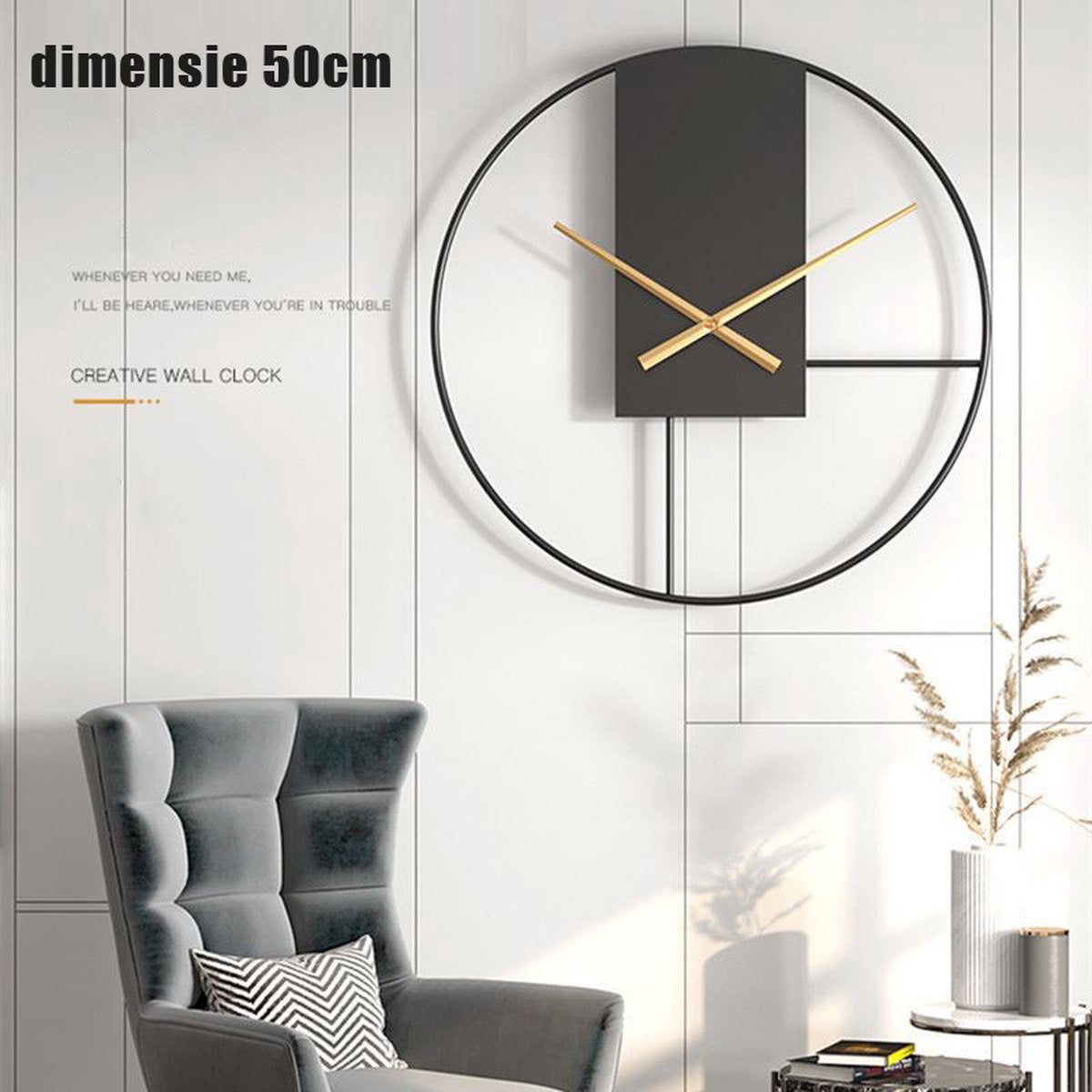 50cm Stijlvolle Scandinavische Metalen Wandklok met Stille Schoonheid-zwart/goud