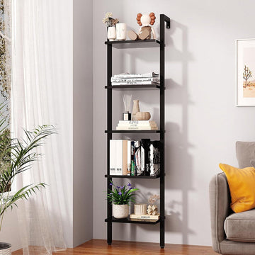 Ladderrek boekenkast met 5 niveaus opbergkast - industrieel zwevend wandrek - woonkamer keuken kantoor - 40 x 30 x 178 cm zwart HBC015B bathroom shelf wood