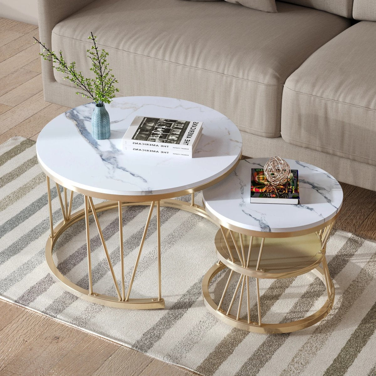 Moderne nestbare salontafel - Set van twee salon tafels - Gouden Frame - Bijzet tafels Wit met goud - 70 cm en 45 cm - Zwart met goud