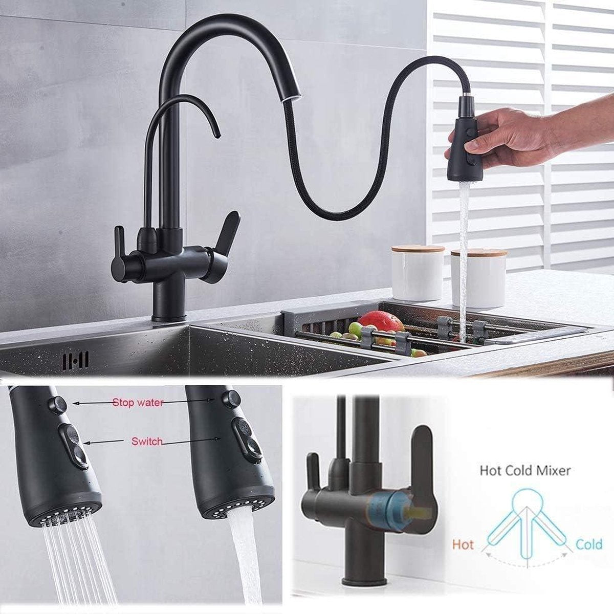 Zuiver Water Keukenkraan met Uitschuifbare Dubbele Handgreep Warm en Koud Drinkwater 3-weg Filter - Zwart - Inclusief Populaire Zoekwoorden waterfilter kraan