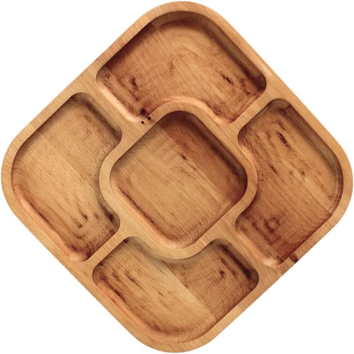 Serveerschaal van natuurlijk hout - 25 x 25 cm - 5 gedeelde vakken - serveerborden voor voorgerechten, kaas en snacks - houten bord voor vlees en kaas
