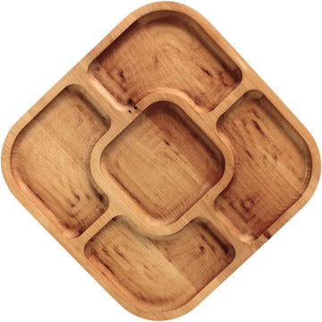 Serveerschaal van natuurlijk hout - 25 x 25 cm - 5 gedeelde vakken - serveerborden voor voorgerechten, kaas en snacks - houten bord voor vlees en kaas
