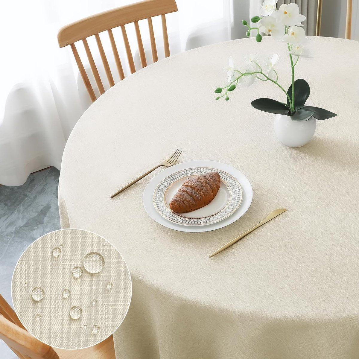 Tafelkleed rond, diameter 180 cm, beige linnenlook, afwasbaar, tafelkleed van polyester, waterafstotend, met lotuseffect, duurzaam, krasbestendig, voor woonkamer, eetkamer, balkon, tuin