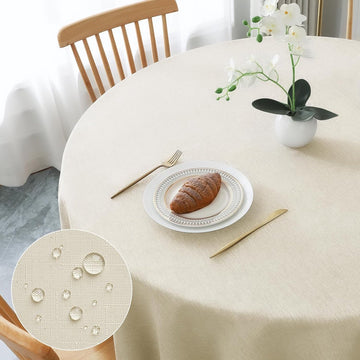 Tafelkleed rond, diameter 180 cm, beige linnenlook, afwasbaar, tafelkleed van polyester, waterafstotend, met lotuseffect, duurzaam, krasbestendig, voor woonkamer, eetkamer, balkon, tuin