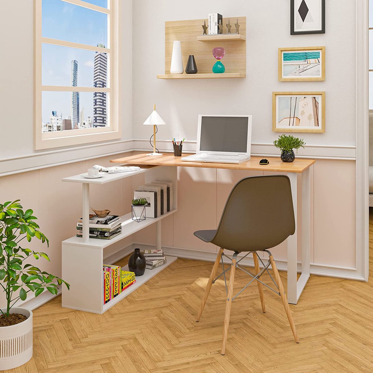 Schrijftafel TS65hei Hoekbureau Hoekbureau Hoekcombinatie Computertafel Bureautafel Werktafel PC Laptop Tafel met legplanken, 120x100x74cm (BxDxH), MDF, licht eiken