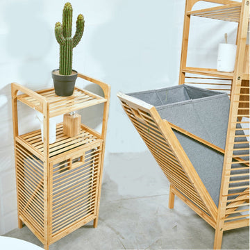 Badkamerrek met Wasmand - Bamboe hout - Badkamerkast - Badkamermeubel - 2 etages - waszak - Opvouwbare wasmand