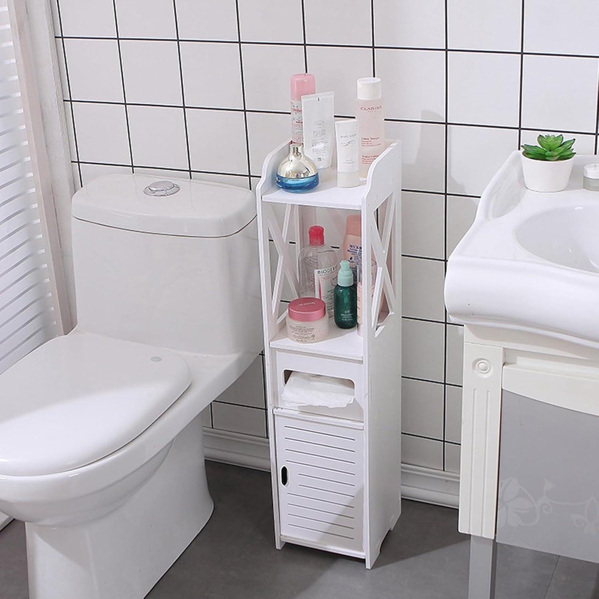 Staande Toiletkast Smalle Hoge Kast Witte Toiletrolhouder - Badkamerrek 80 x 20 x 18 cm badkamerkasten hoog