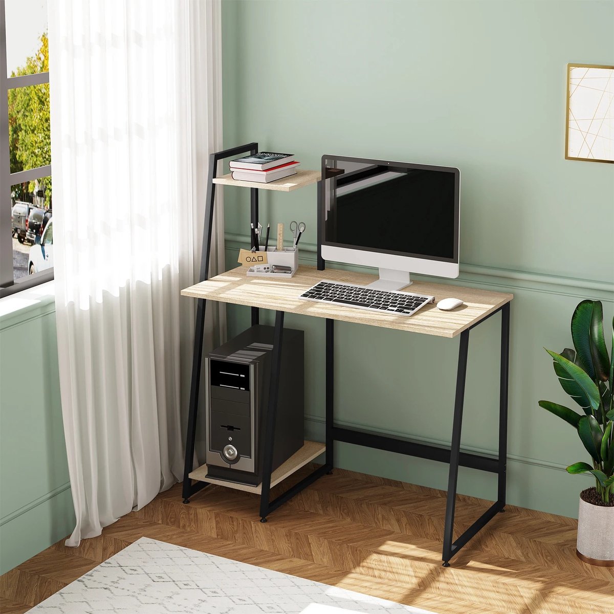RM Store® - Computer Bureau - Computer Tafel - Computer Meubel - Werktafel - Kantoor Tafel - Werkbureau - 4 Planken - Industrieel - Stalen Frame - Hout - Zwart - 98x118x50 cm.