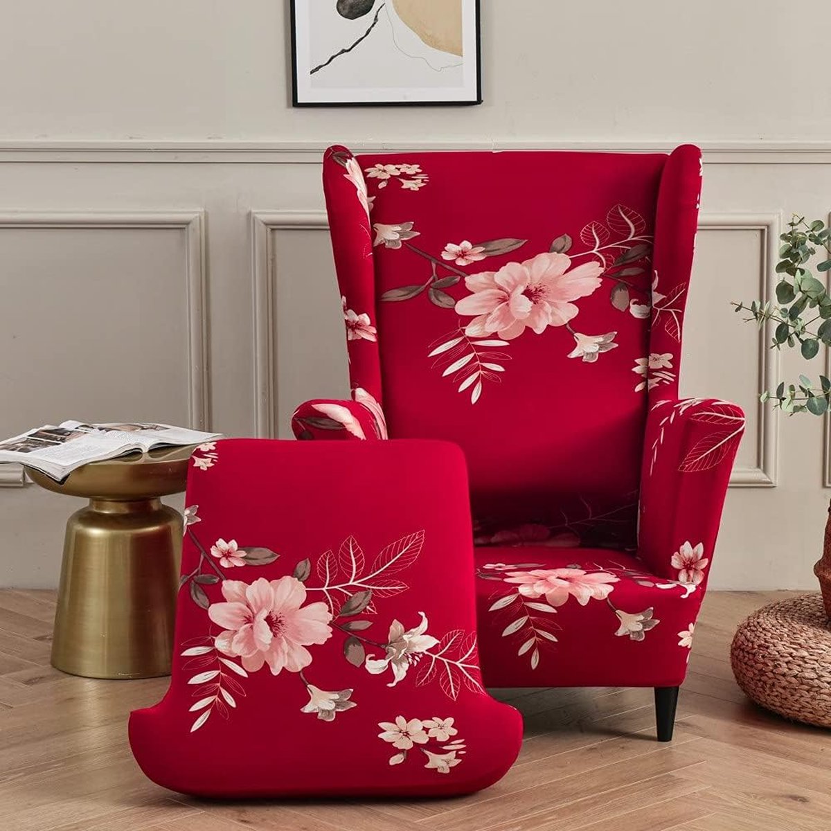 Stoelhoes voor oorfauteuil, 2-delige set, rekbare hoes van wasbaar elastaan, meubelbeschermer voor oorfauteuil in woonkamer, slaapkamer of hotel (geurige rode bloem)