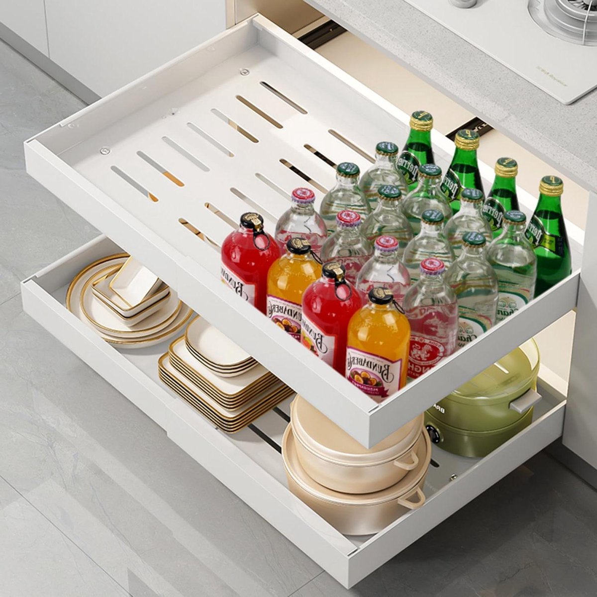 Uittrekbare kastorganizer 32-52 W x 42 l x 7 H - Keukenkast organizer met robuuste lade - Telescopische lade voor keuken - Uittrekbaar - Geen boren en spijkeren nodig Keukenkast organizer