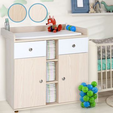Infantastic - Babycommode met 2 grote lades en 5 vakken - Ladekast met Opbergrumte - Veelzijdig Omkleedmeubel met Organiser - 90x69x92 cm (LxBxH) - Eiken-Fineer