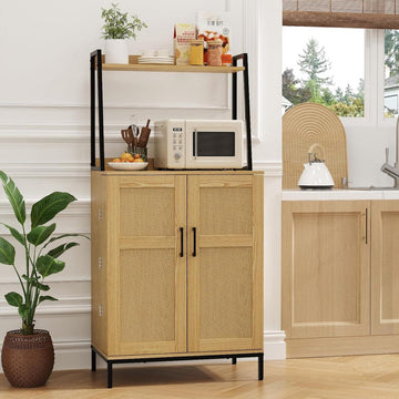 49.6" Keuken Voorraadkast Rotan Deuren Verstelbare Planken Magnetron Standaard Koffiebar Kabinet Naturel magnetronkast