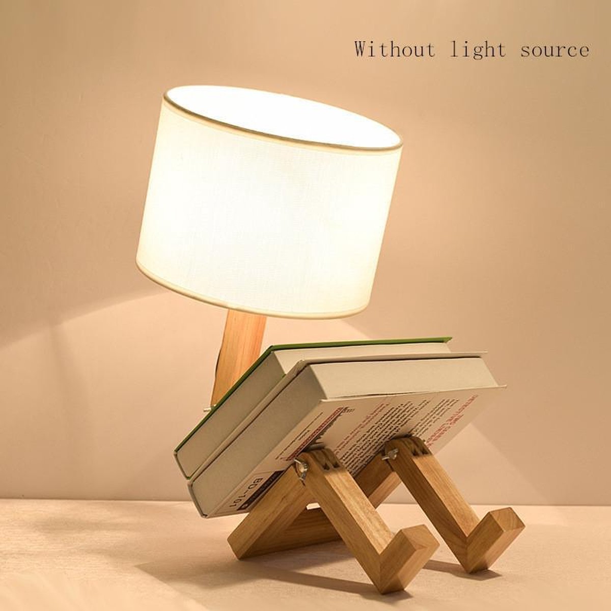 TDR - LED bureaulamp met boekenhouder - Scandinavisch design - Witte stoffen kap - Houten mannetje met verstelbare gewrichten - Zonder lichtbron