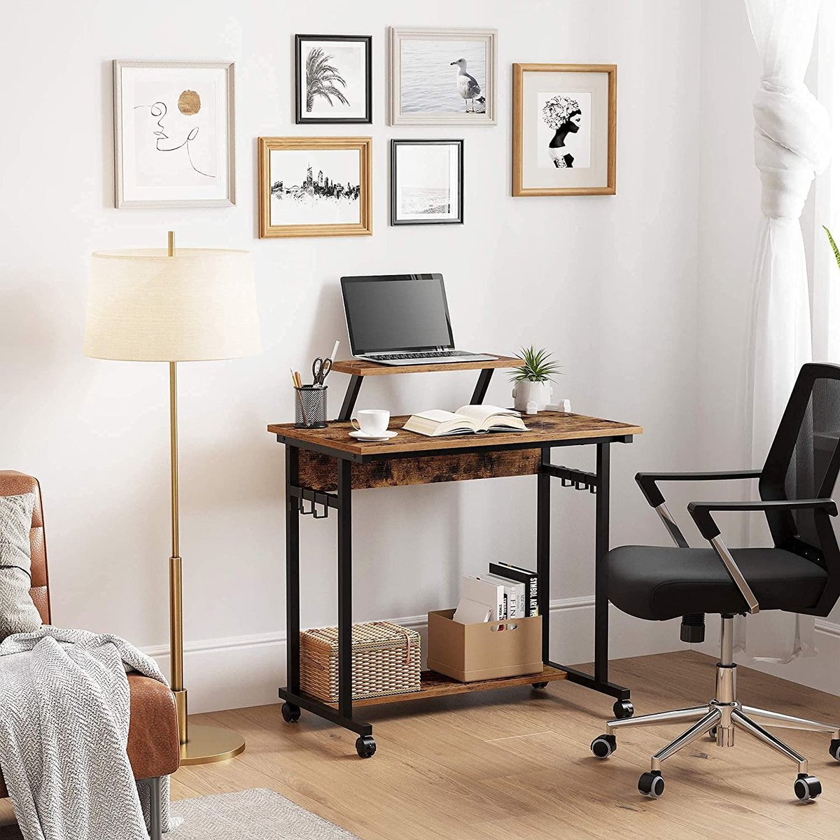 Bureau, computertafel met wielen, met monitoropzetstuk, 6 haken, 80 x 50 x 90 cm, industrieel design, vintage bruin-zwart LWD085B01