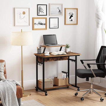 Bureau, computertafel met wielen, met monitoropzetstuk, 6 haken, 80 x 50 x 90 cm, industrieel design, vintage bruin-zwart LWD085B01