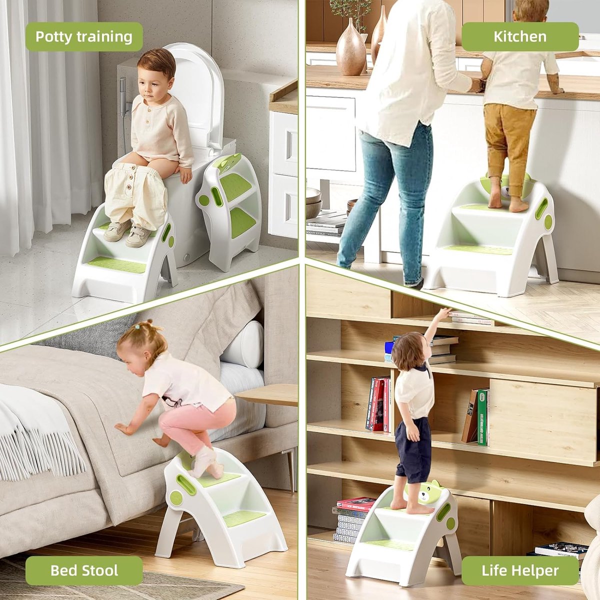 Opstapkruk Kinderen 2 treden Opstapkruk voor baby, opvouwbare leertoren vanaf 6 maanden, tweestapsladder voor badkamer, peuterkamer, keuken, anti-kantel- en antislip, groen