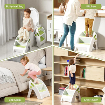 Opstapkruk Kinderen 2 treden Opstapkruk voor baby, opvouwbare leertoren vanaf 6 maanden, tweestapsladder voor badkamer, peuterkamer, keuken, anti-kantel- en antislip, groen