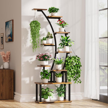 Plantenstandaard voor binnen: 9-traps metalen plantenrek, 160 cm hoog, ruimte voor meerdere kamerplanten, hoekbloemenrek voor woonkamer, terras, metaal/hout, zwart